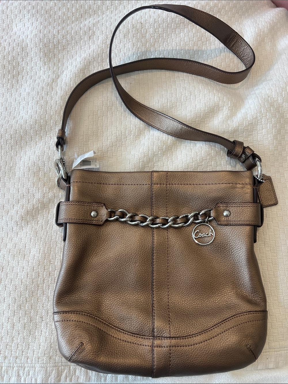 Coach Pebbled Leather Shoulder Bag in Bronze Brown with Silver Chain